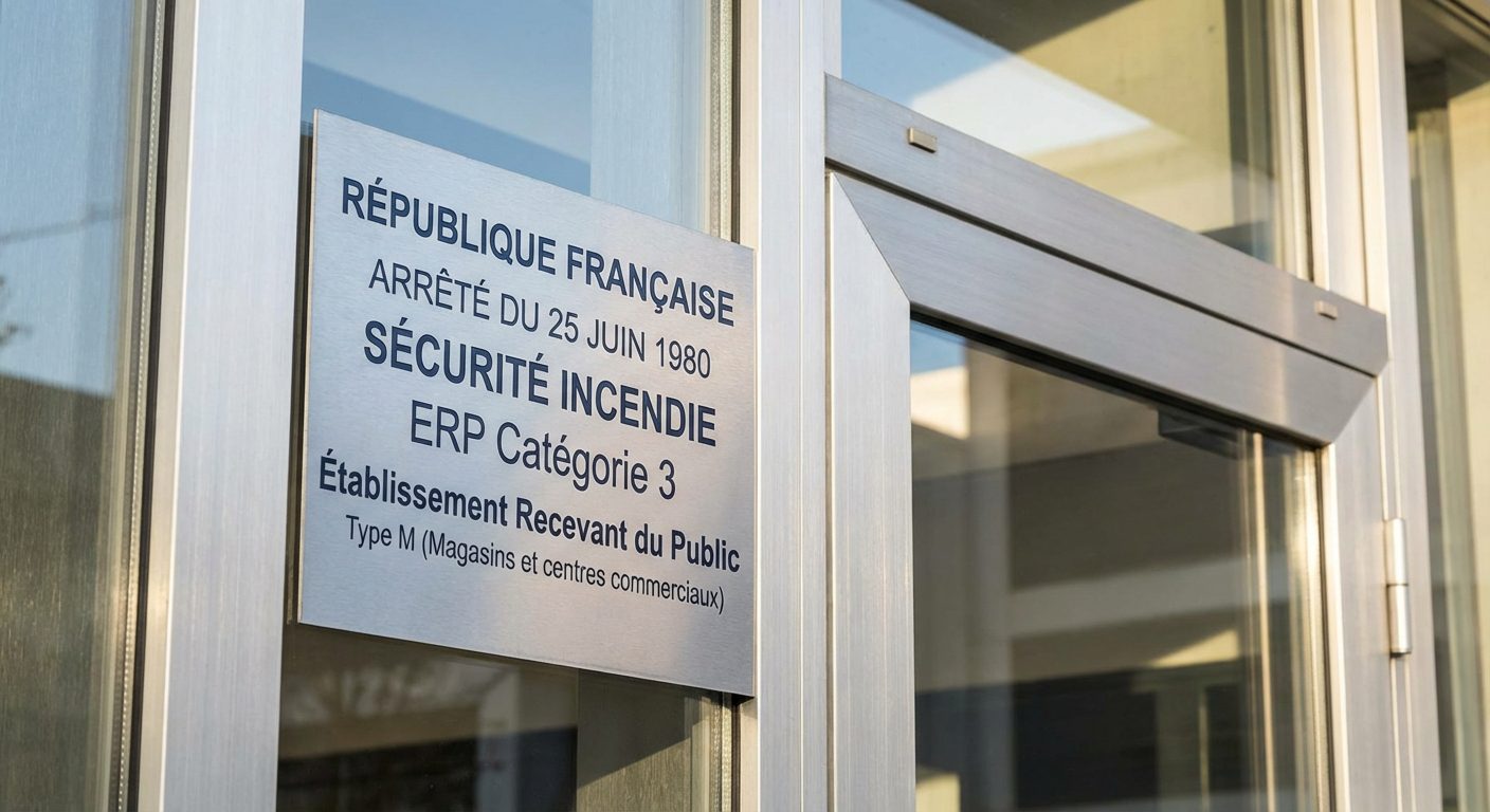 Panneau de classement ERP categorie securite incendie sur facade commerce Lyon