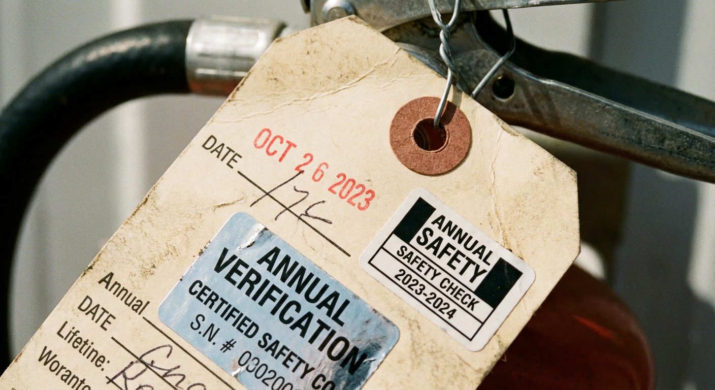 Etiquette de verification d'extincteur avec date de controle et tampon de conformite