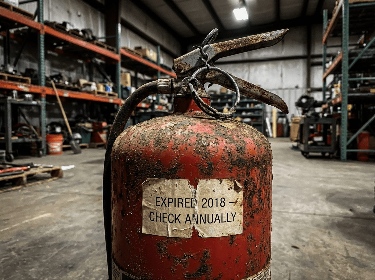 Extincteur périmé avec traces de corrosion et rouille visible sur la cuve