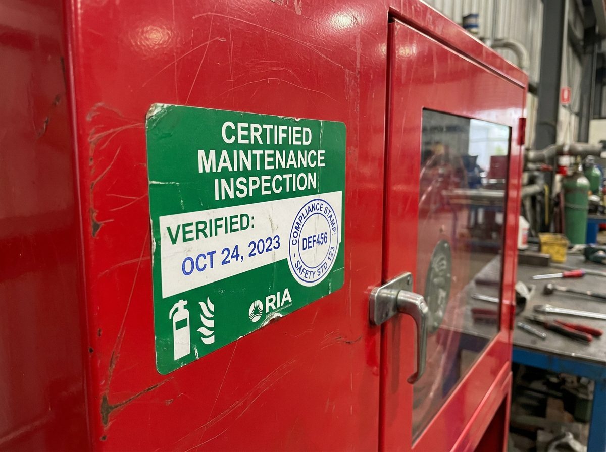 Étiquette de vérification certifiée sur armoire RIA maintenance Valence
