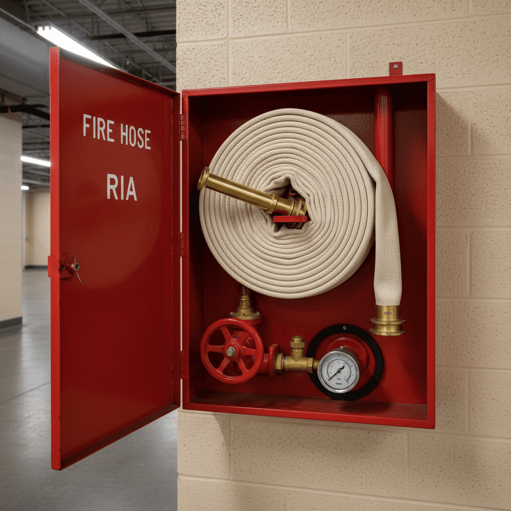 Coffret RIA ouvert montrant devidoir, tuyau et lance incendie
