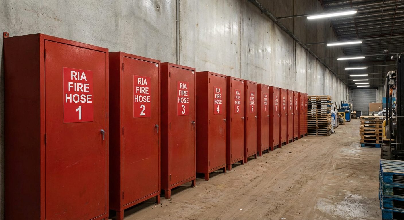Rangée de coffrets RIA le long d’un mur d’entrepôt avec signalisation incendie normalisée