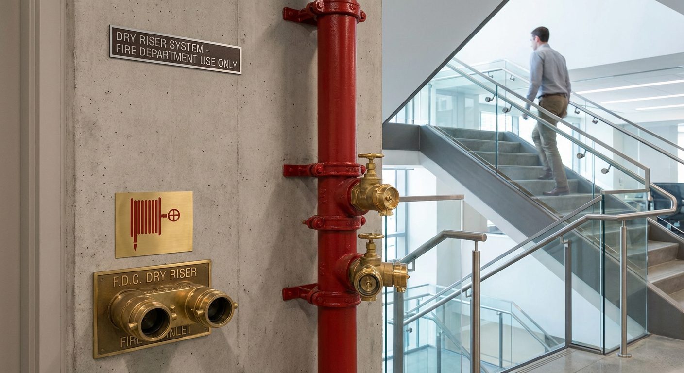 Colonne sèche dans une cage d'escalier avec raccord d'alimentation