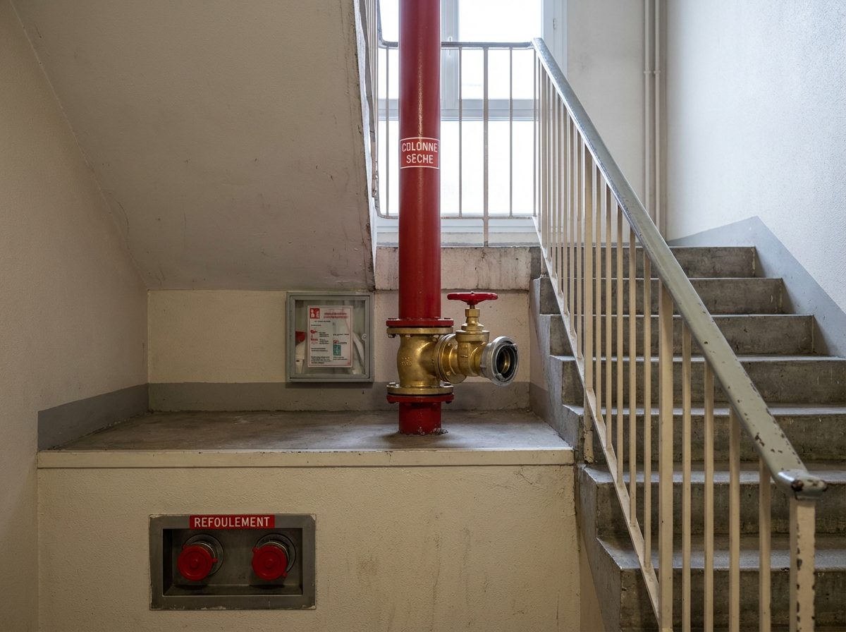 Colonne seche installee dans cage escalier immeuble Lyon avec vanne et raccord pompiers