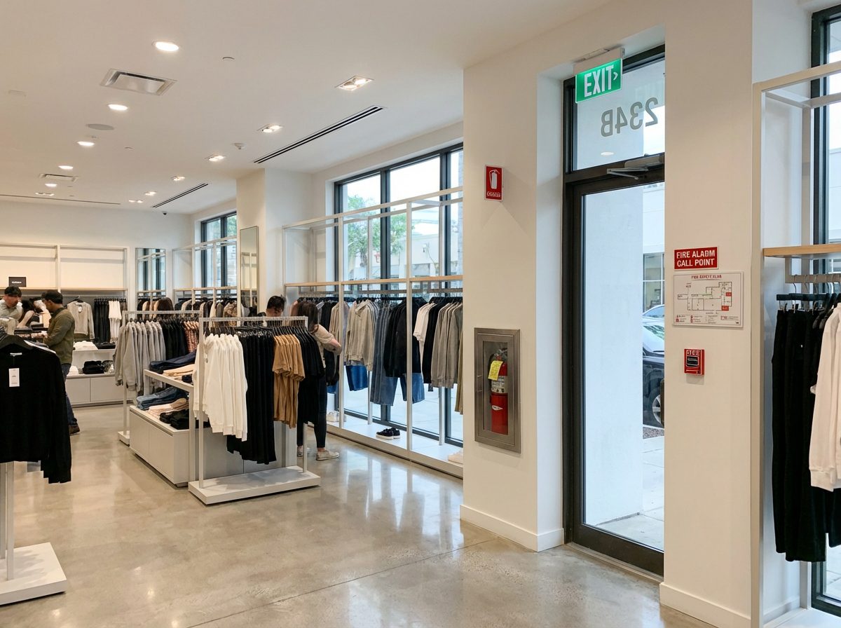 Commerce avec equipements de securite incendie correctement installes extincteur et BAES