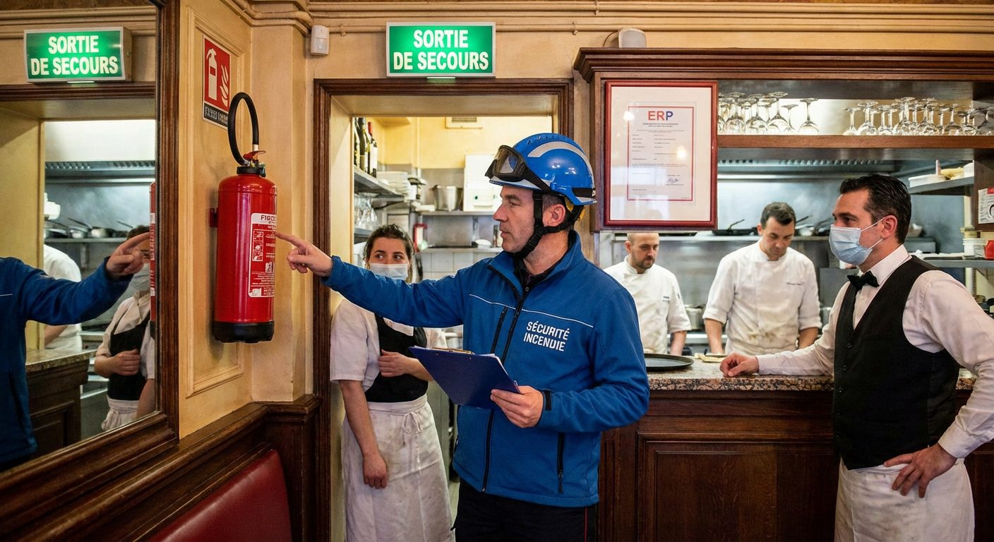 Inspecteur de la commission de sécurité vérifiant la conformité incendie d'un ERP