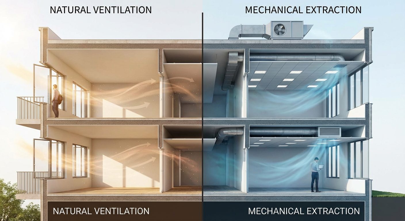Comparatif en coupe : désenfumage naturel par exutoires à gauche et désenfumage mécanique par ventilateurs à droite