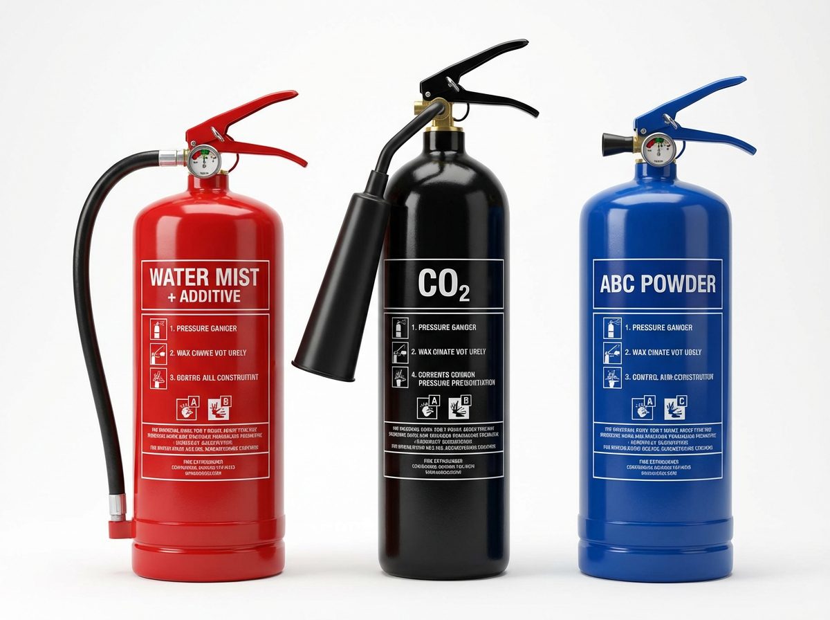 Comparatif trois types extincteurs eau additif CO2 et poudre cote a cote