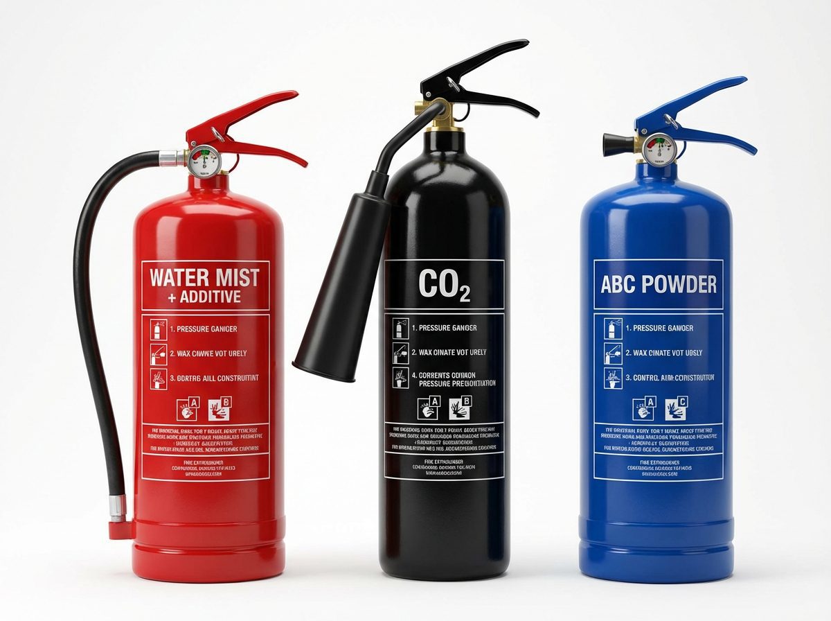 Comparatif trois types extincteurs eau additif CO2 et poudre cote a cote