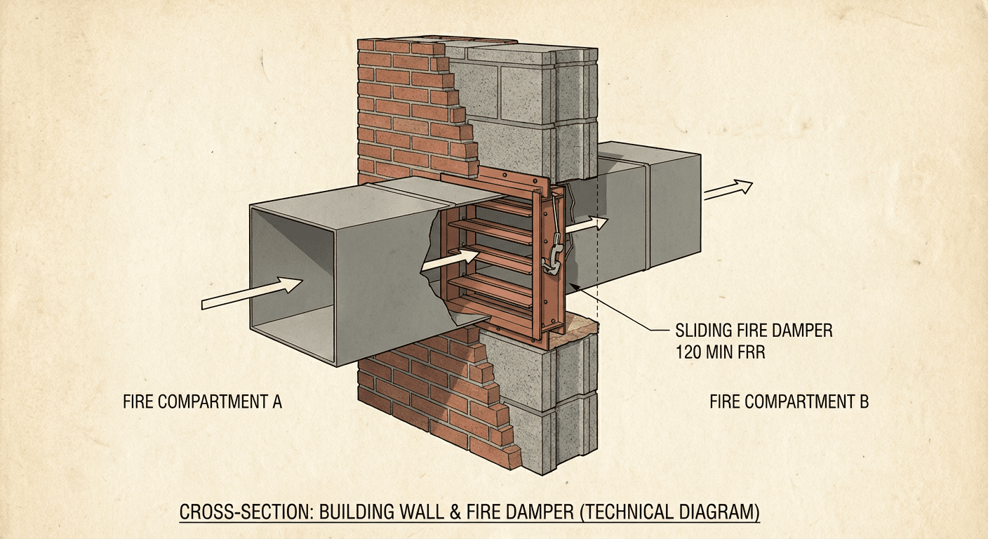 Compartimentage coupe-feu avec clapet dans une gaine de ventilation