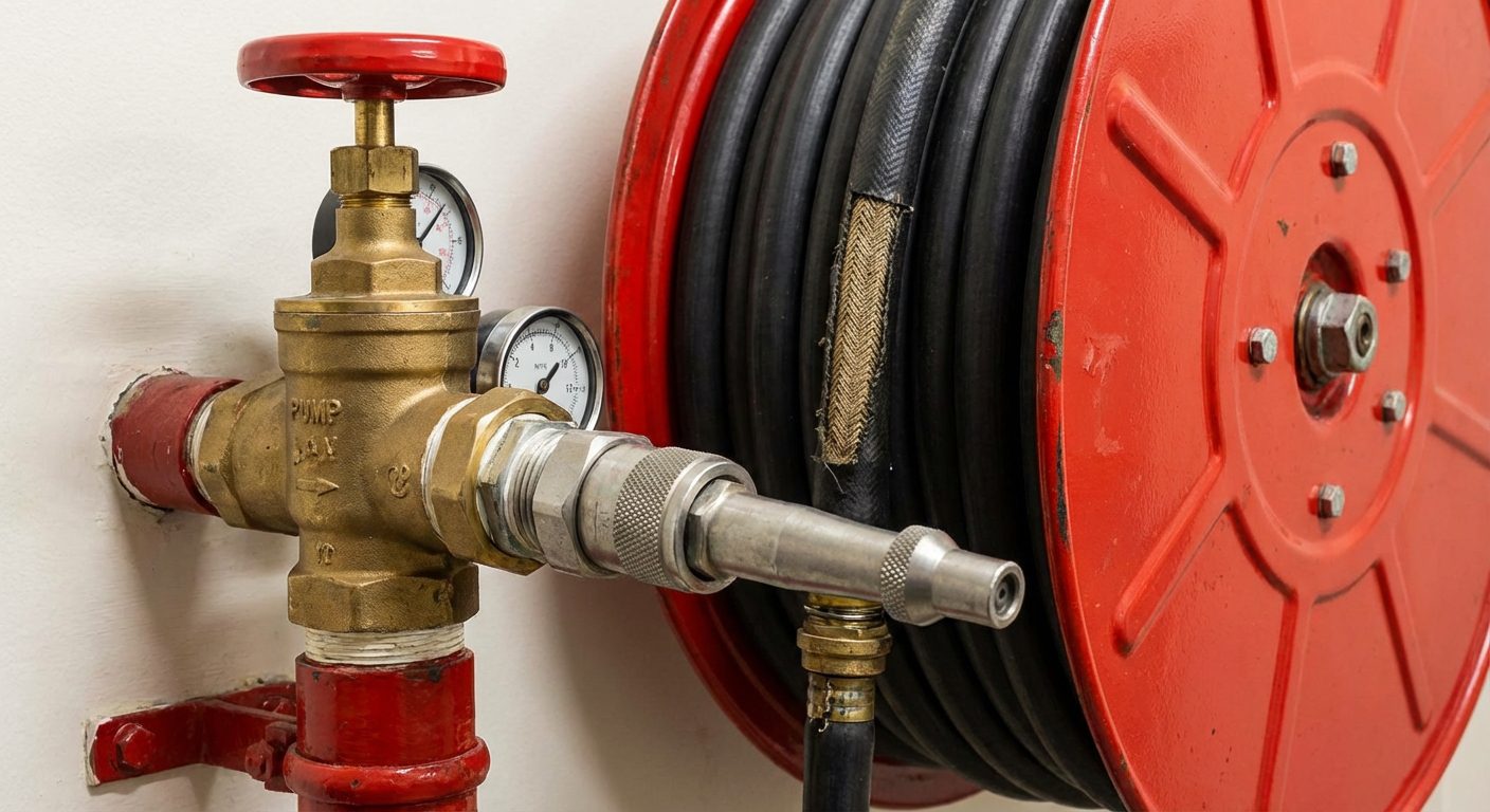 Composants d’un RIA : vanne d’alimentation, dévidoir et lance à incendie en gros plan