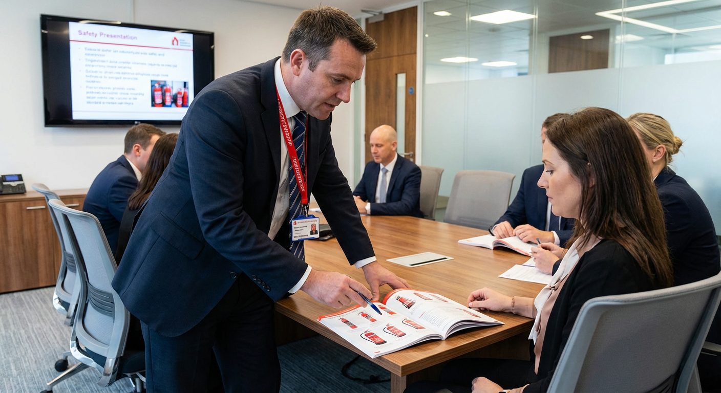 Extincteur CO2 ou poudre : comparatif, avantages et guide de choix 5 Expert en securite incendie conseillant un client sur le choix d extincteur