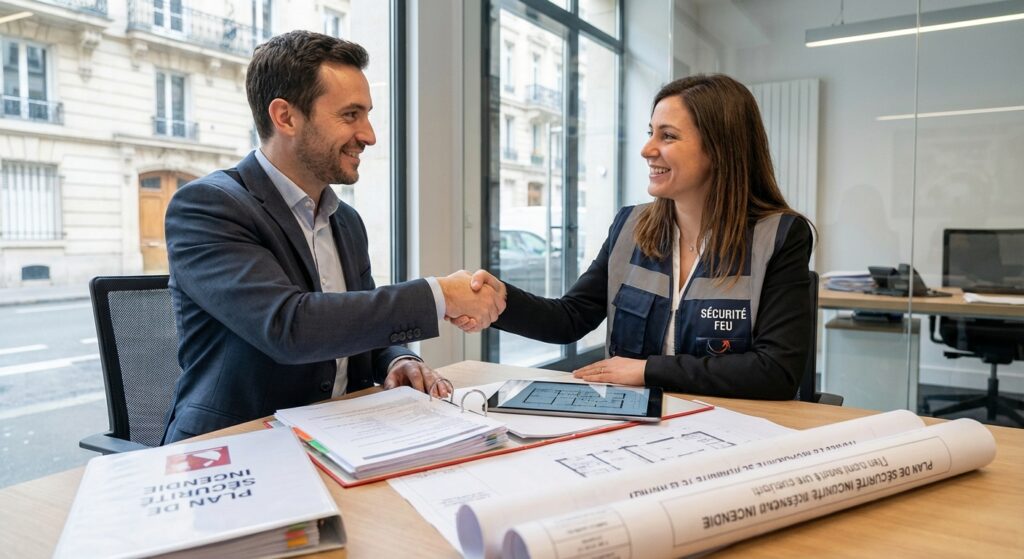 Consultant Hexia Sécurité présentant un devis incendie à un client