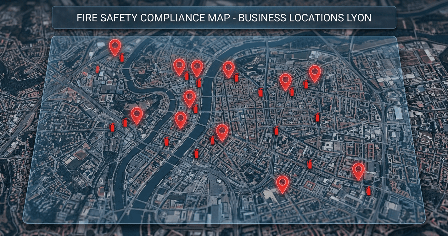 Carte multi-sites avec icones securite incendie pour contrat maintenance multi-etablissements