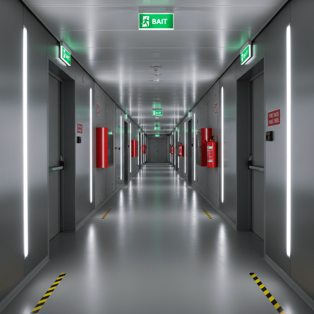 Couloir d evacuation avec blocs BAES eclairage de securite