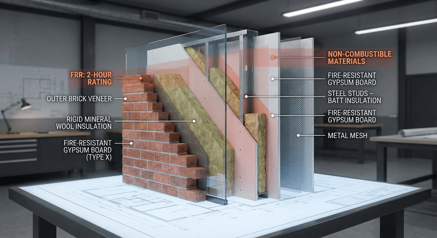 Coupe transversale d'un mur coupe-feu avec couches de matériaux isolants