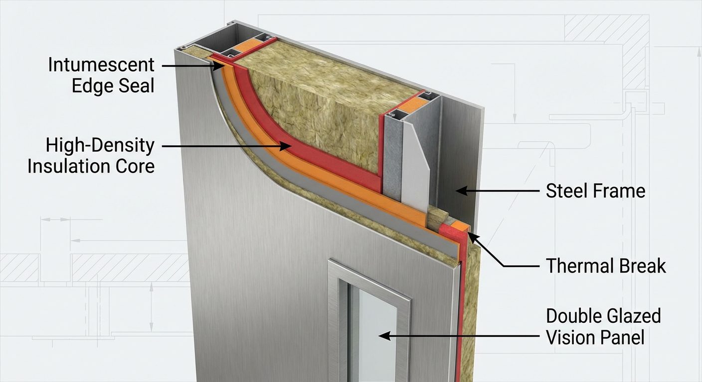 Coupe transversale d’une porte coupe-feu avec couches d’isolation et joints intumescents