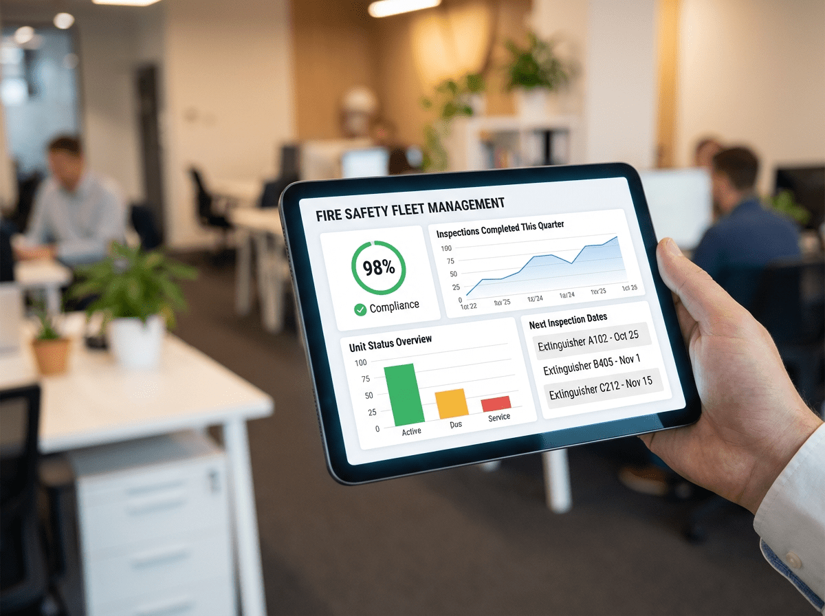 Dashboard digital de maintenance extincteurs affiché sur tablette avec indicateurs de conformité