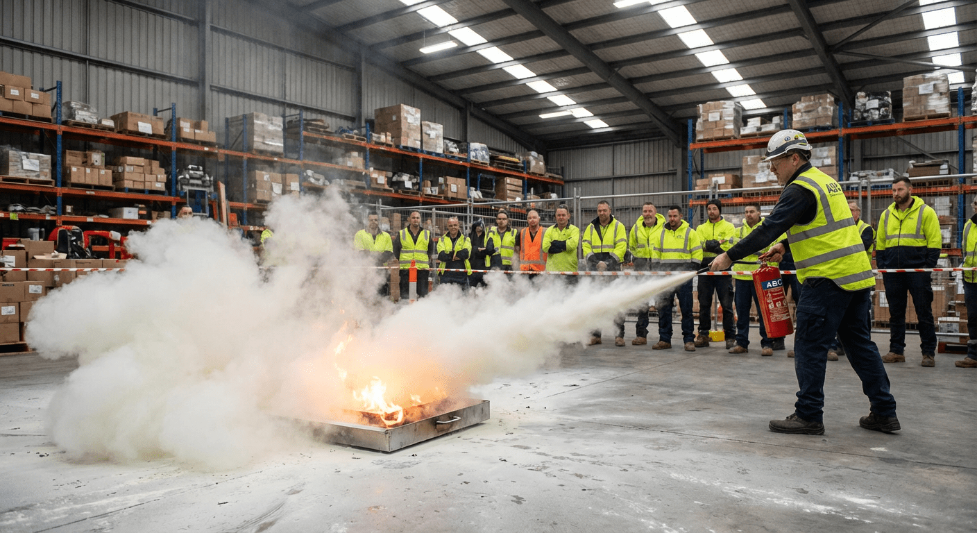 Démonstration d'utilisation d'un extincteur ABC à poudre