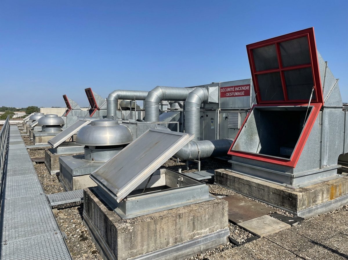 Systeme de desenfumage sur toit batiment commercial Lyon avec exutoires et ventilateurs