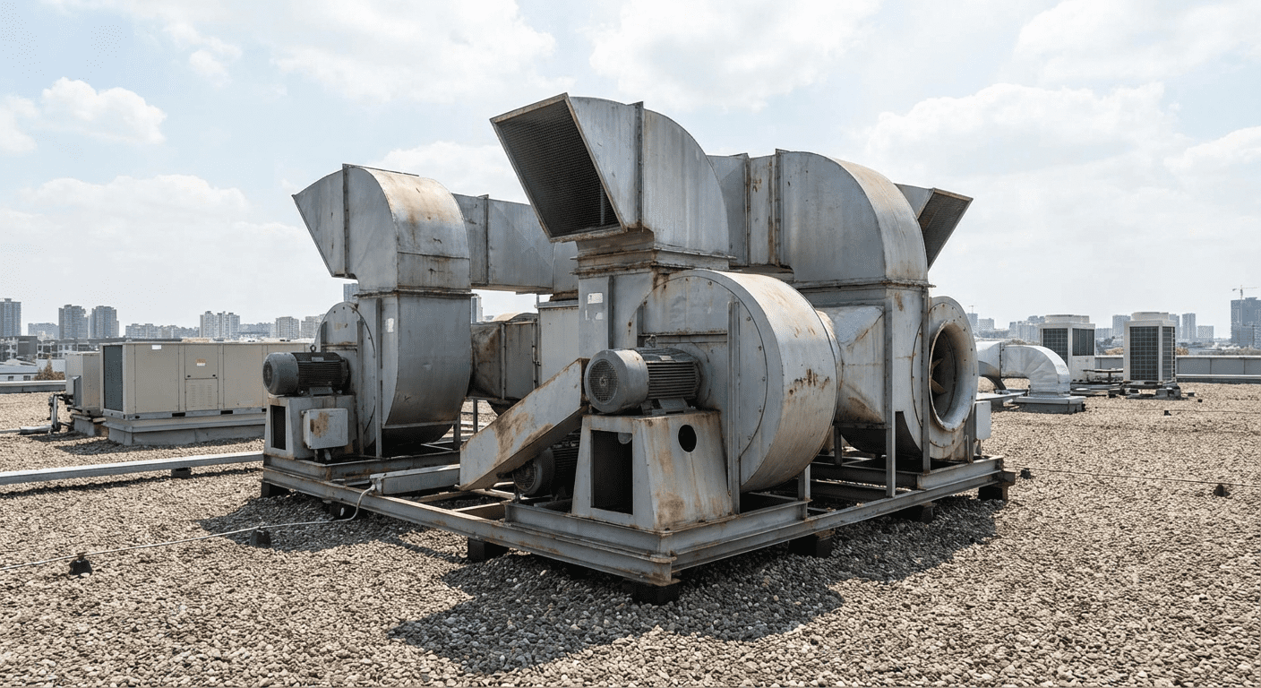 Ventilateurs de désenfumage mécanique installés sur le toit d'un bâtiment commercial
