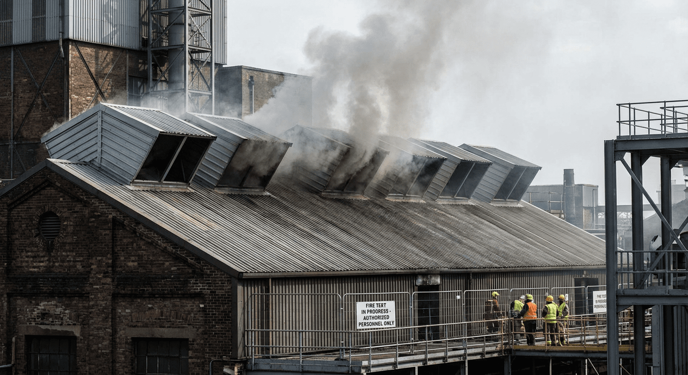 Exutoires de désenfumage naturel ouverts sur la toiture d'un bâtiment industriel lors d'un test fumée