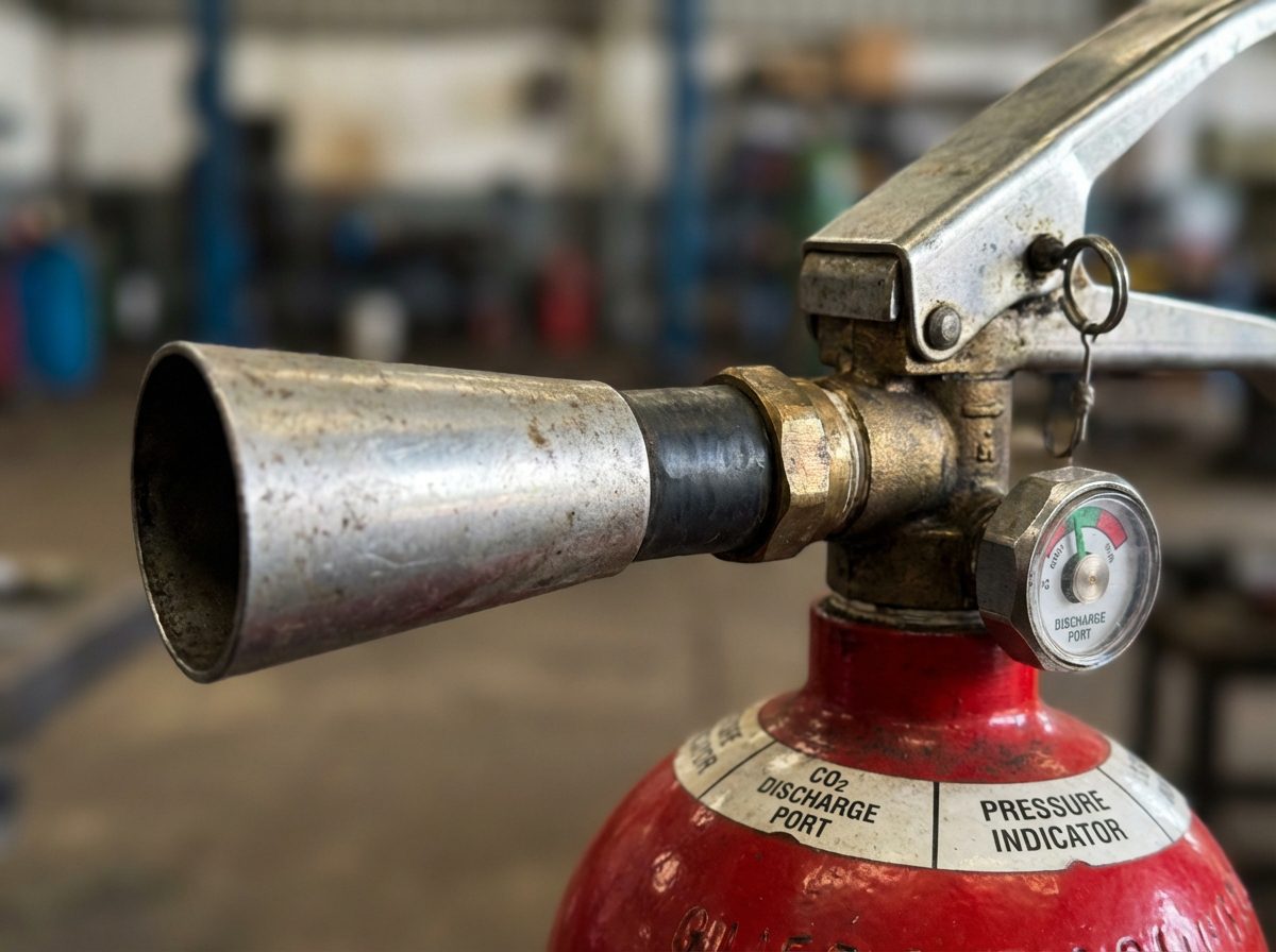 Trompillon et valve extincteur CO2 gros plan