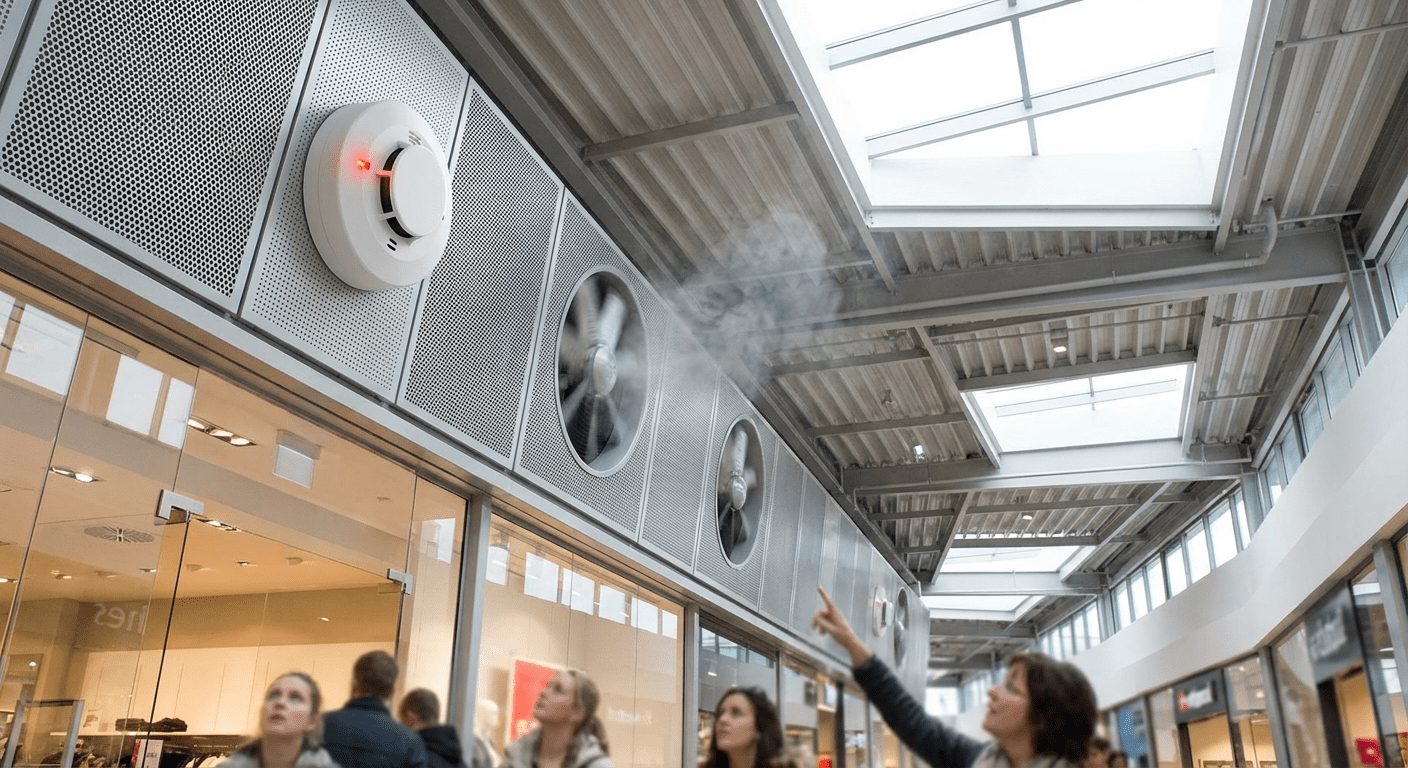 Détecteur de fumée déclenchant le système d'extraction automatique dans un centre commercial