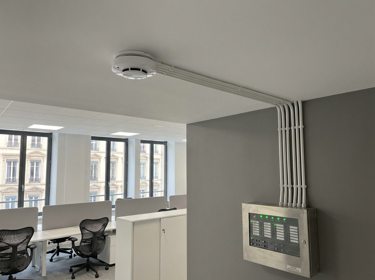 Systeme de detection incendie installe dans un bureau a Lyon avec detecteurs et centrale alarme