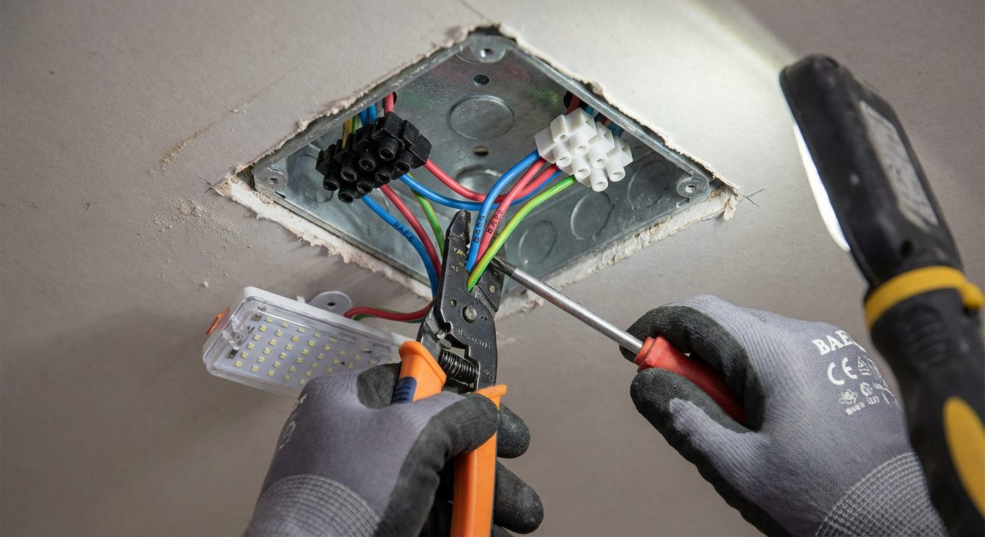 Électricien raccordant les câbles d'un BAES au plafond