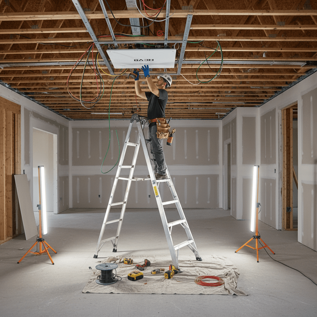 Électricien installant un BAEH au plafond d’un immeuble neuf