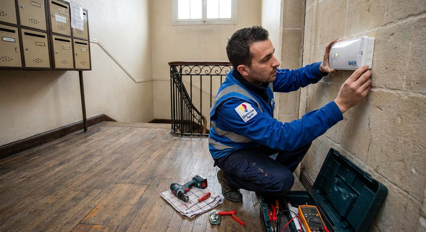 Electricien installant un BAEH dans un immeuble