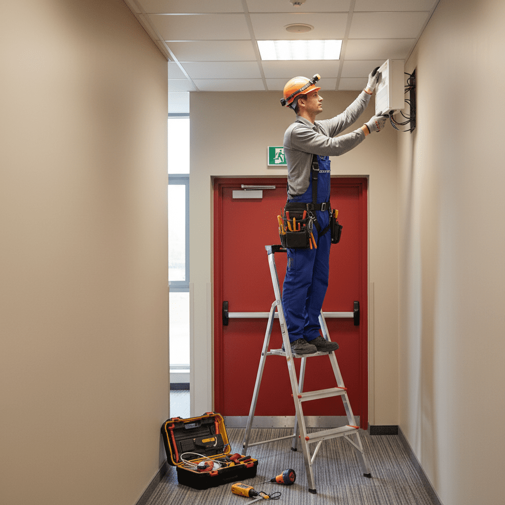 Electricien installant un BAES au-dessus d une porte de sortie de secours