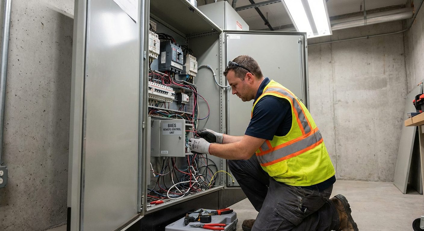 Électricien installant une télécommande BAES dans une armoire électrique de bâtiment tertiaire
