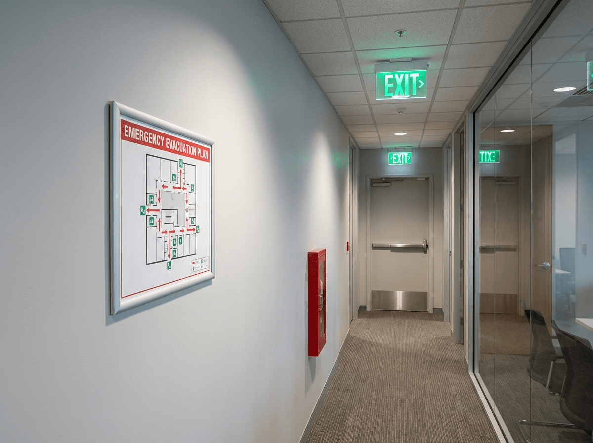 Plan &eacute;vacuation incendie affich&eacute; dans un couloir de bureaux conforme aux obligations ERP