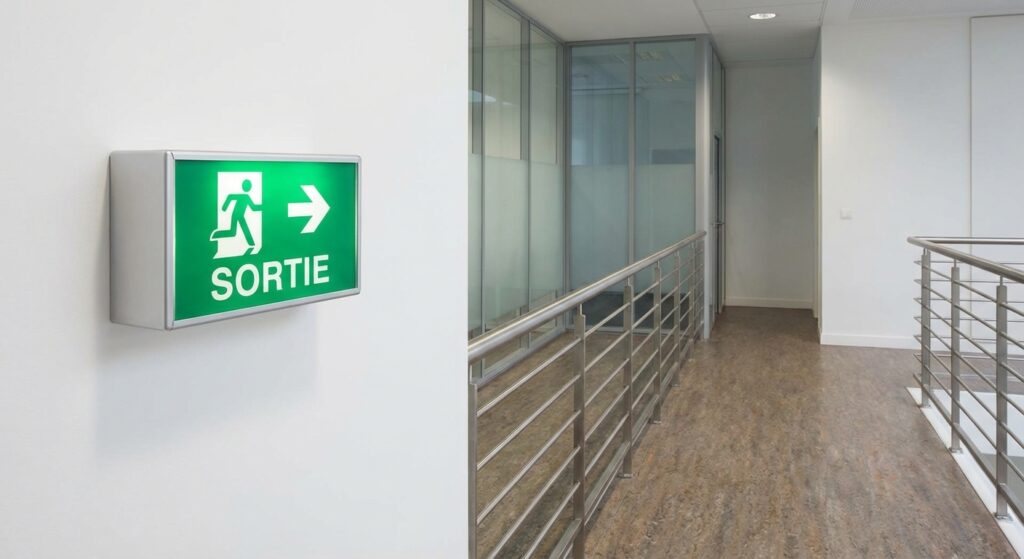 Signalétique de sortie de secours BAES LED verte conforme NF C 71-800