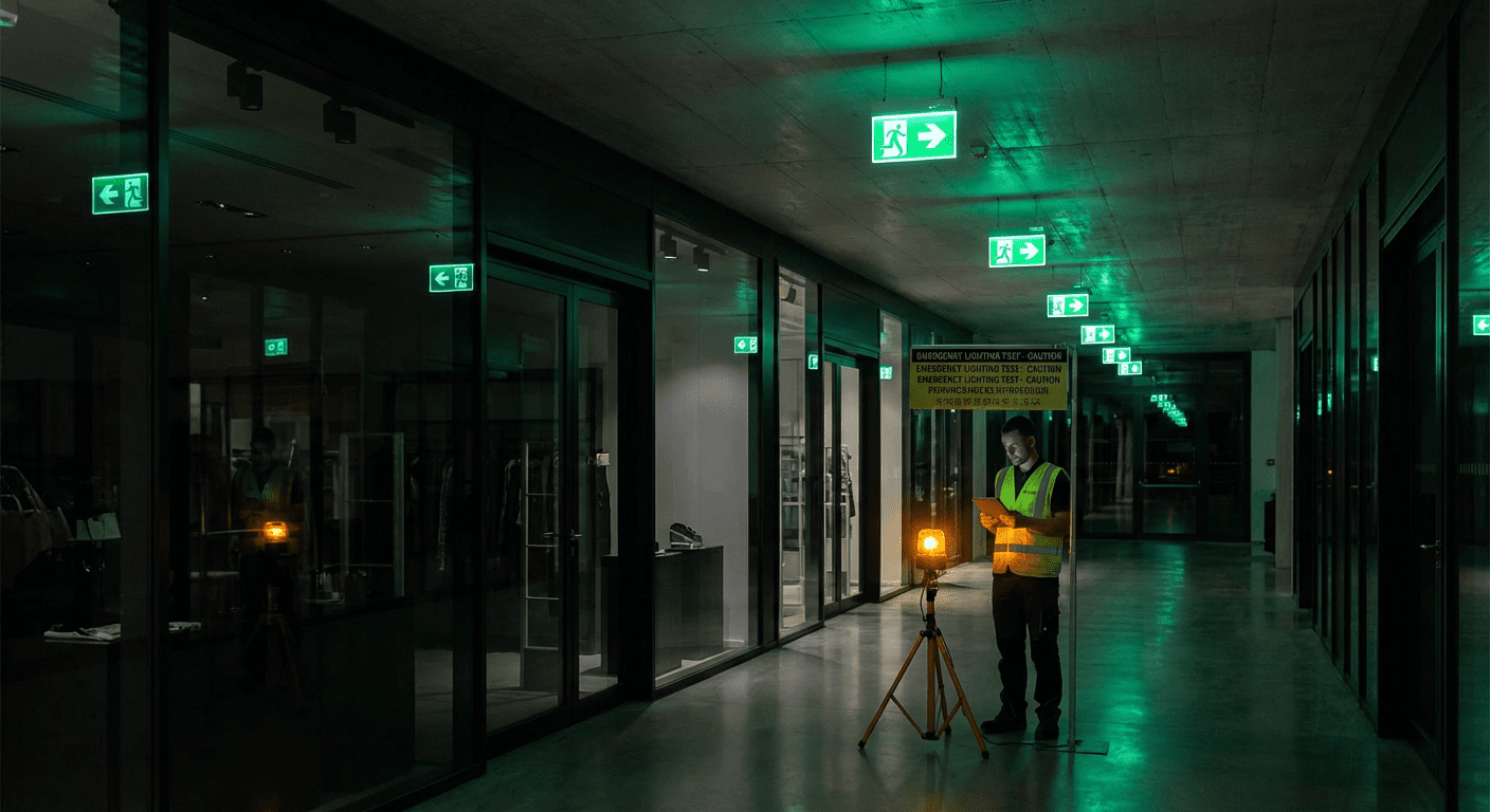 Test eclairage de securite BAES dans une zone commerciale