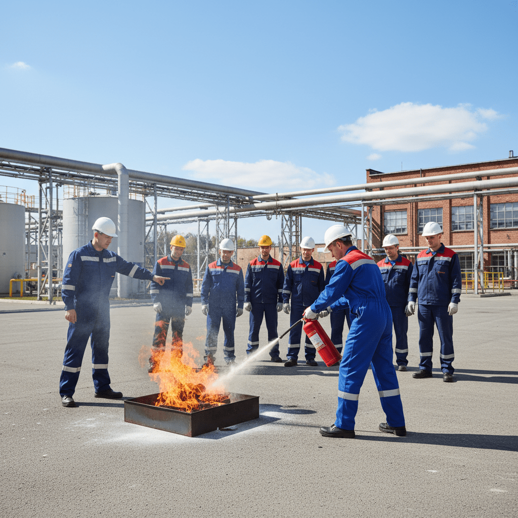 Employés s'entraînant à utiliser un extincteur lors d'une formation incendie