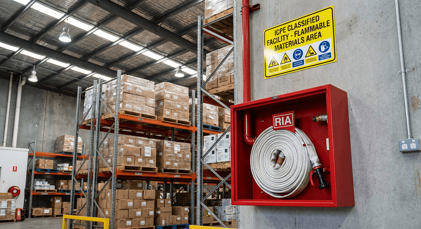 Entrepôt industriel équipé de RIA conformément à la réglementation ICPE