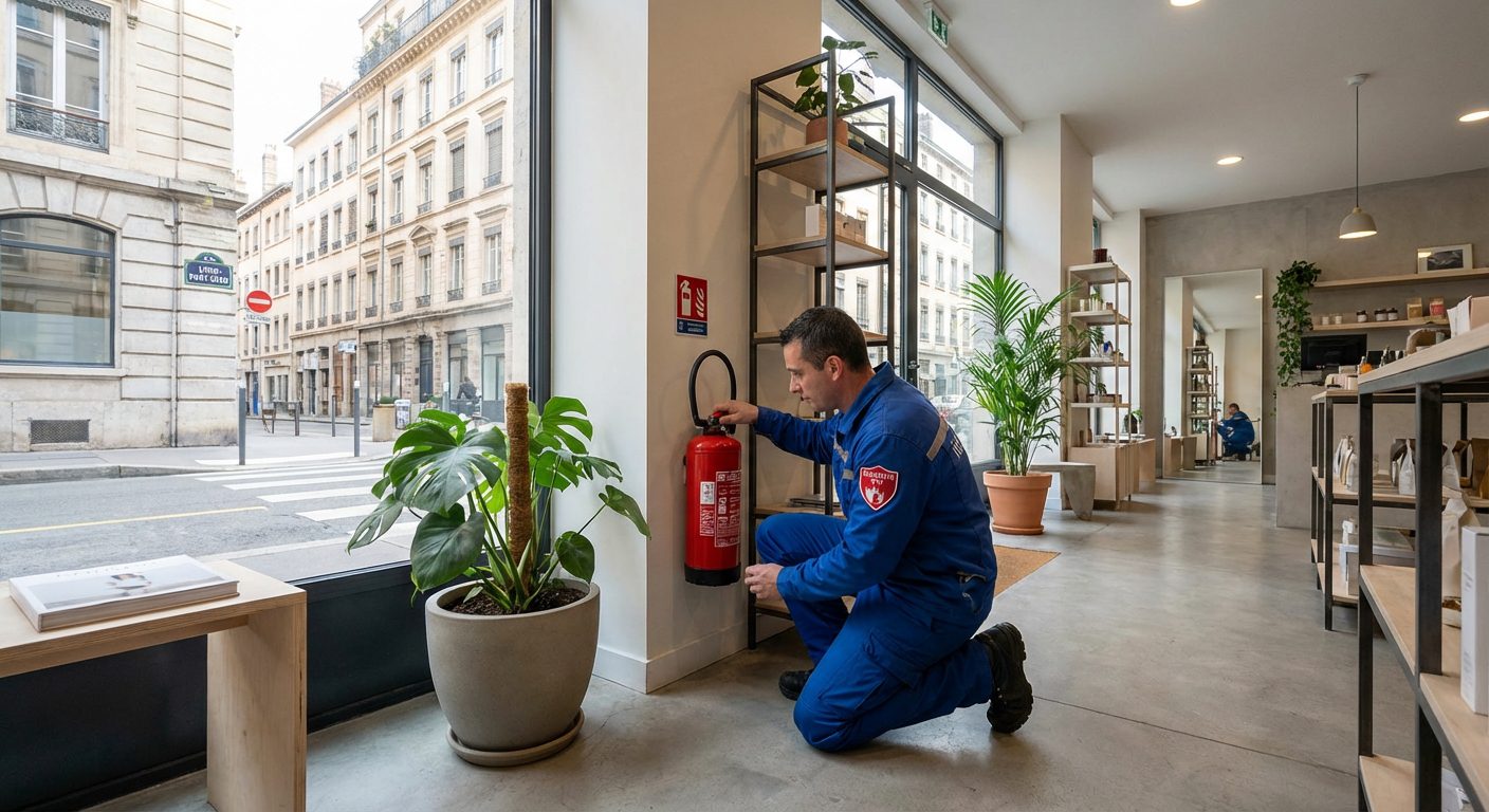 Technicien Hexia Securite verifiant un extincteur dans un commerce a Lyon