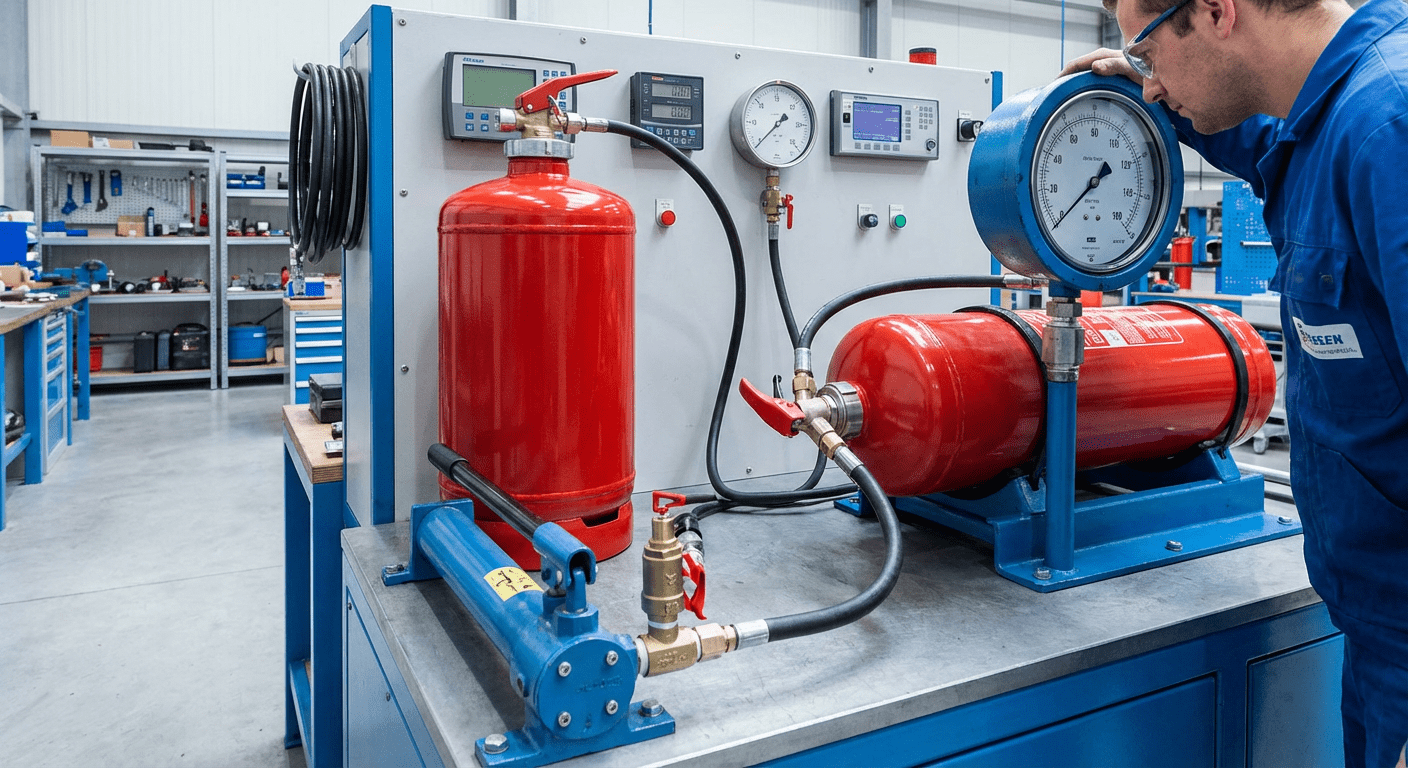 Équipement épreuve hydraulique pour test de pression extincteur en atelier