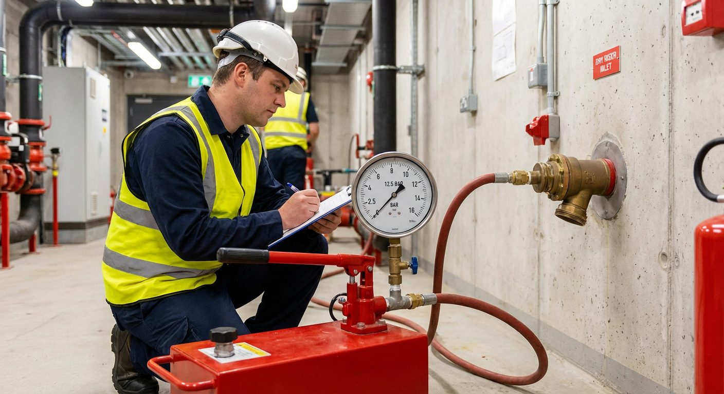 Essai de pression sur une colonne sèche par un technicien certifié
