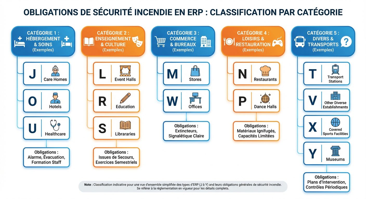 Infographie des 5 catégories d'ERP et leurs obligations de sécurité incendie
