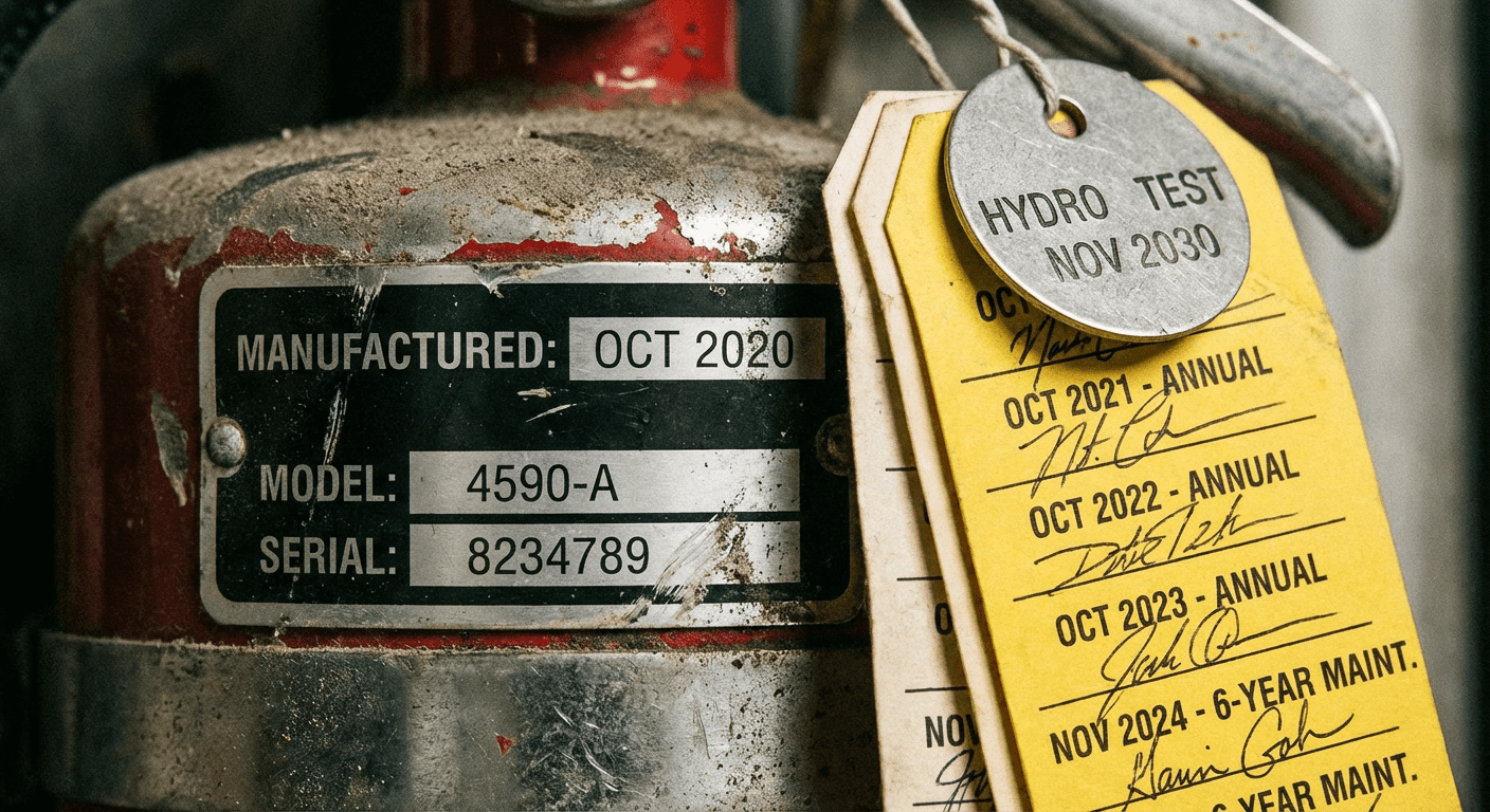 Étiquette de date de fabrication et historique de vérification d’un extincteur