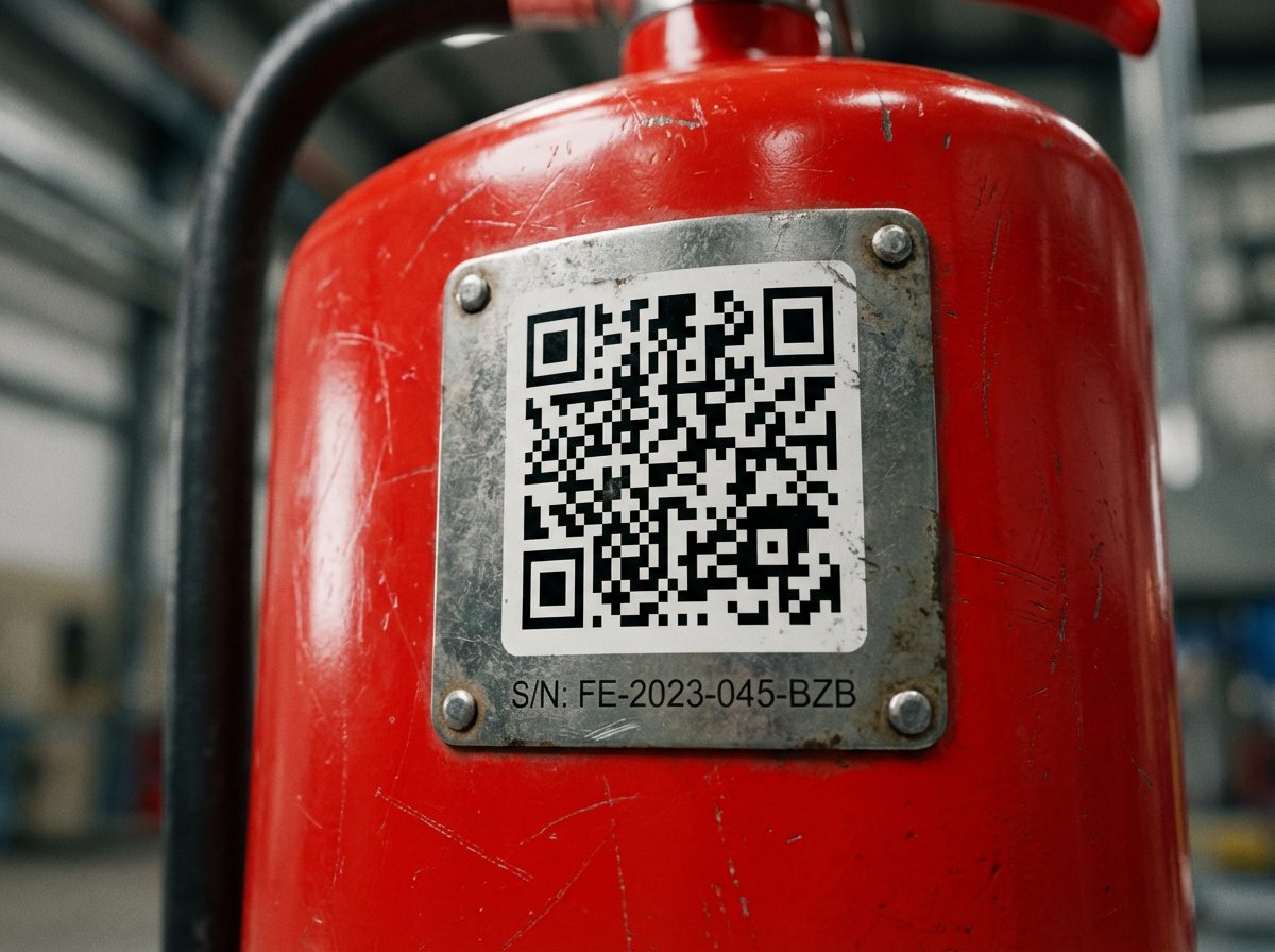 Gros plan sur étiquette QR code collée sur un extincteur rouge avec numéro de série