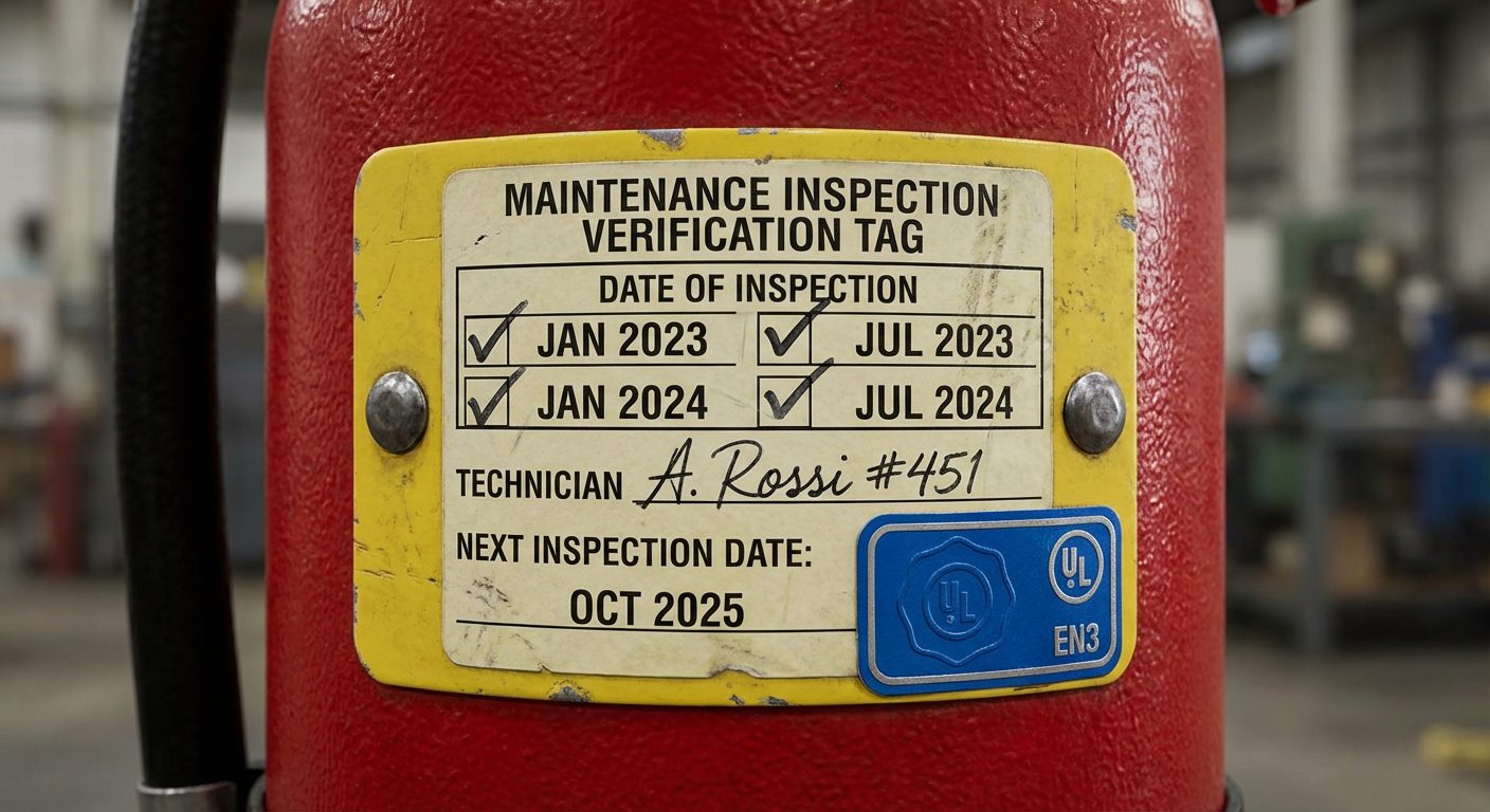Étiquette de vérification de maintenance sur un extincteur conforme NF S 61-919