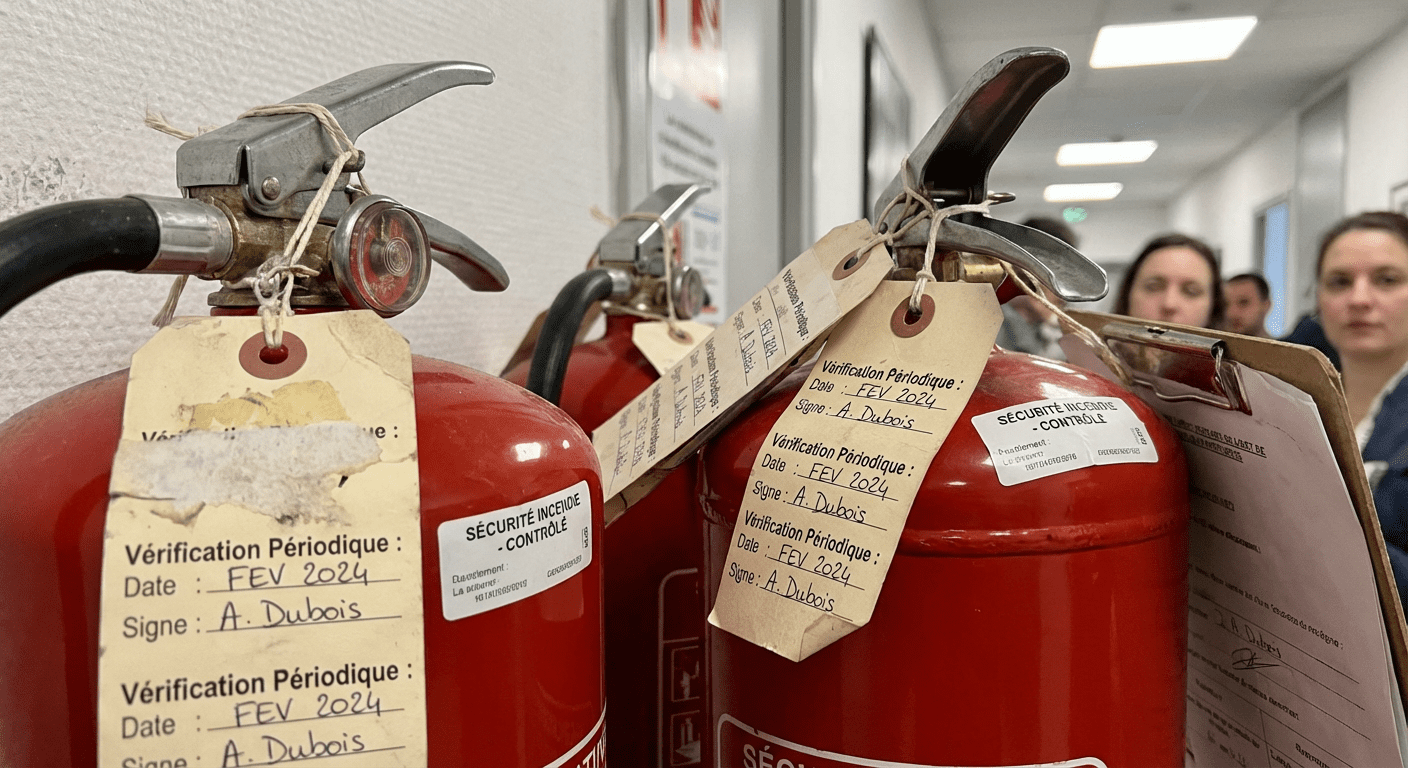 Etiquettes de maintenance avec dates et signatures sur extincteurs en entreprise