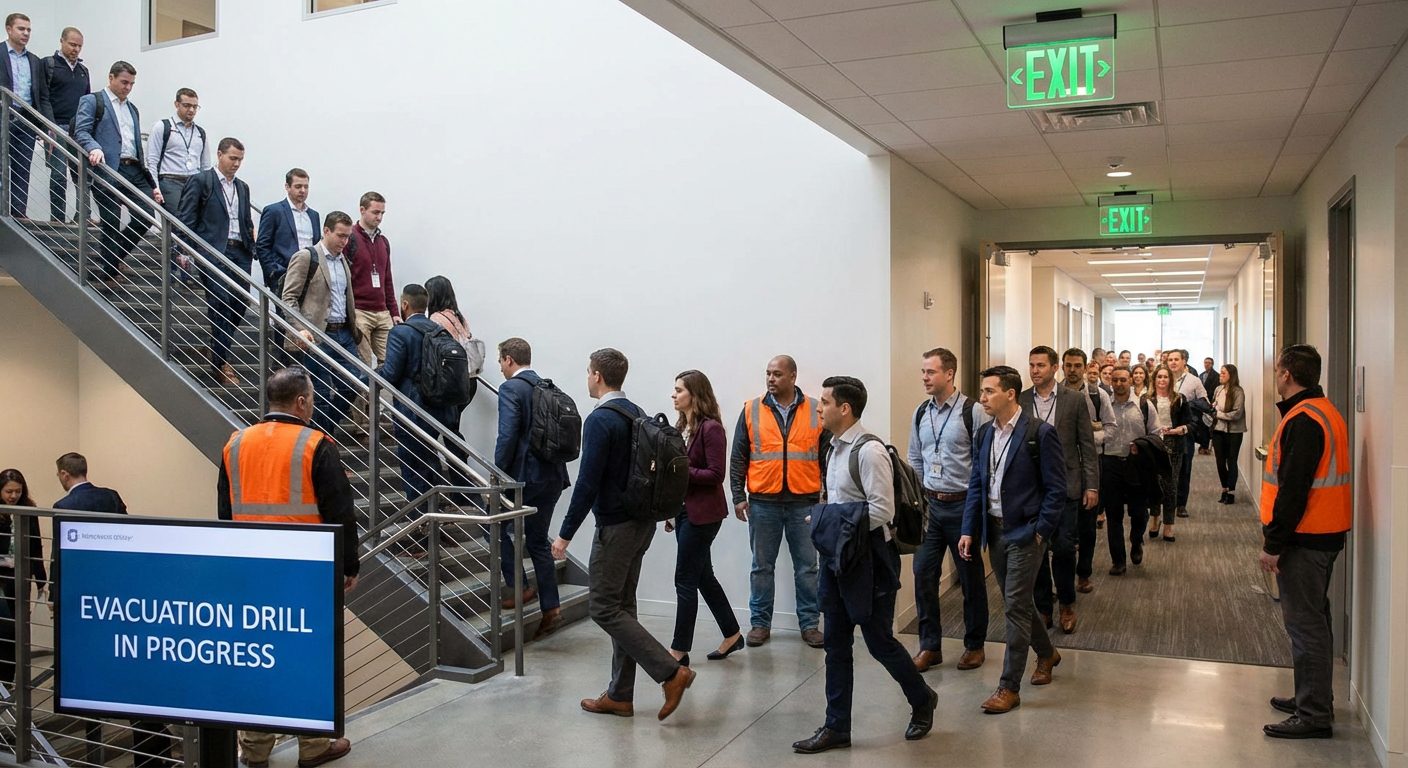 Exercice d'évacuation incendie en entreprise avec employés suivant la signalétique de sortie