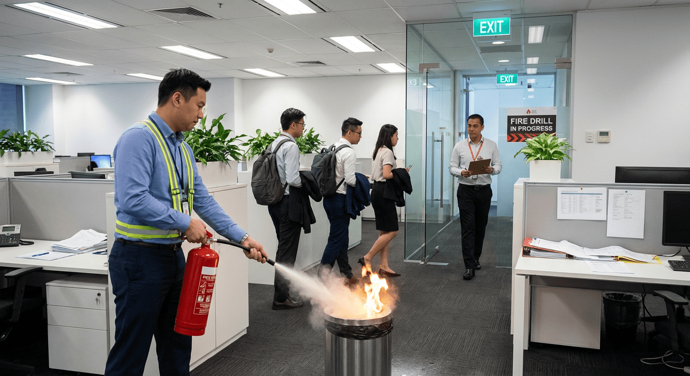Exercice d’évacuation incendie en entreprise avec un salarié utilisant un extincteur