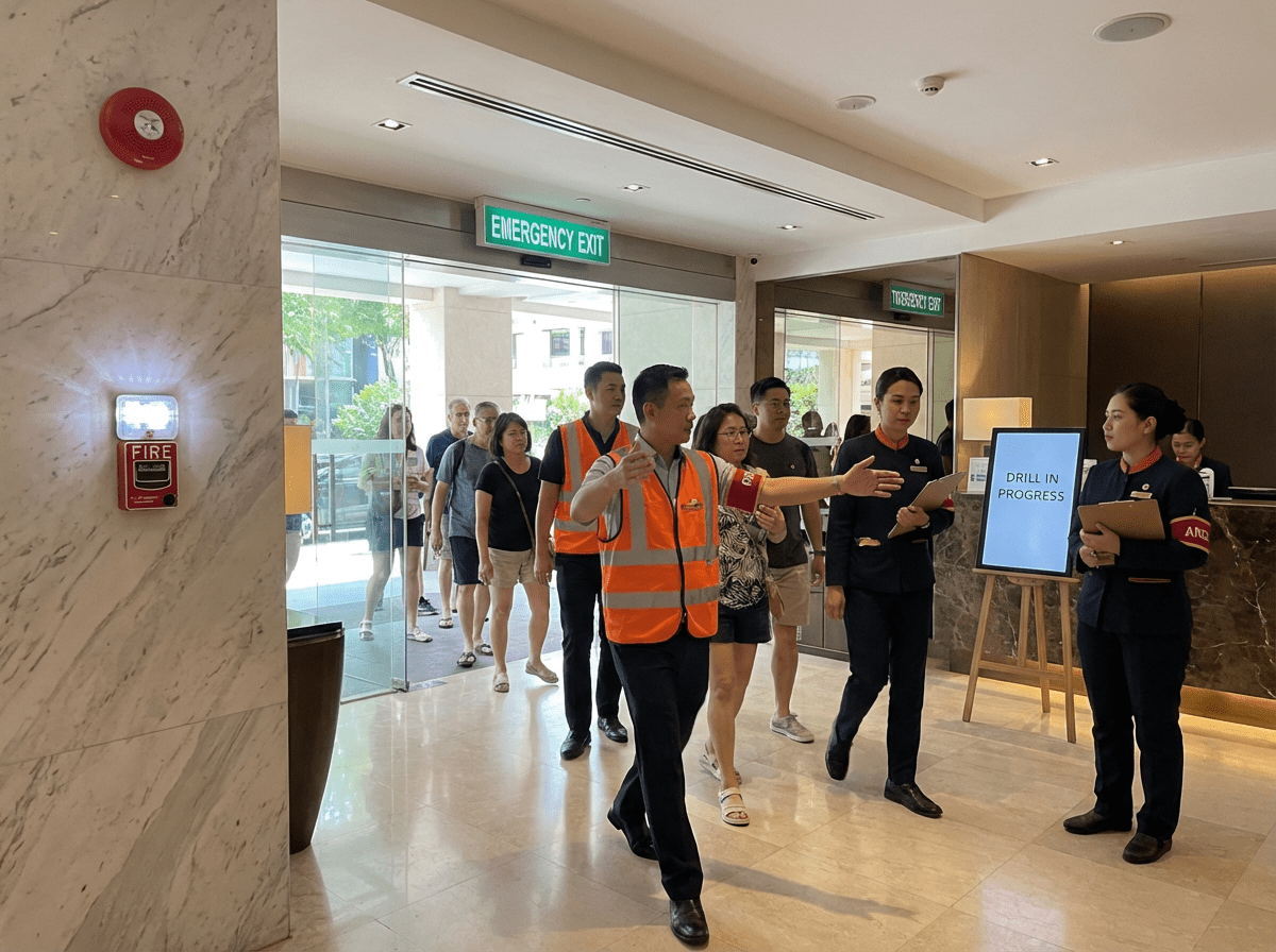 Exercice evacuation incendie dans un hotel avec personnel guide-file